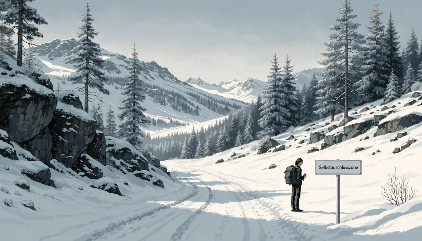 Alpenpass mit Schild „Selbstausschluss‑Zone“ für Glücksspiel